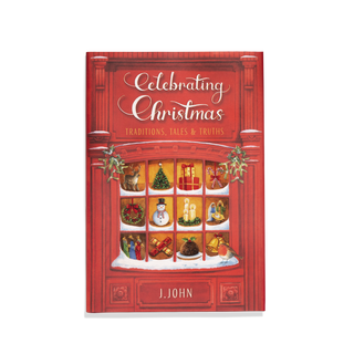 Cover of the book 'Celebrating Christmas' by J.John featuring a red background with Christmas decorations and a window display.