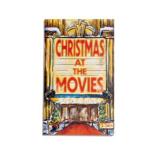 Cover of the book 'Christmas at the Movies' by J.John, featuring a stylised illustration of a cinema entrance with a festive decoration and the title text prominently displayed.