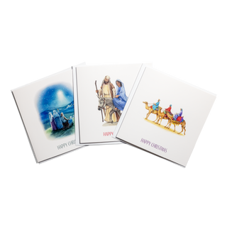 Three Christmas cards featuring illustrations from J.John's book 'Celebrating Christmas'.
