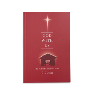 Cover of the book 'God With Us' by J.John featuring a red background with a nativity scene and the text '25 Advent Reflections'