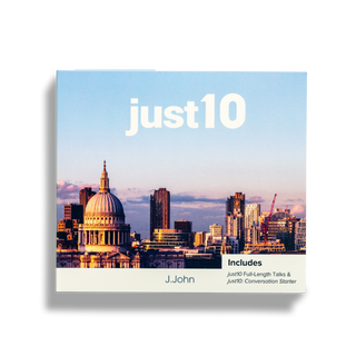 Cover of the just10 DVD by J.John, along with the text 'just10: Full-Length Talks & just10: Conversation Starter'.